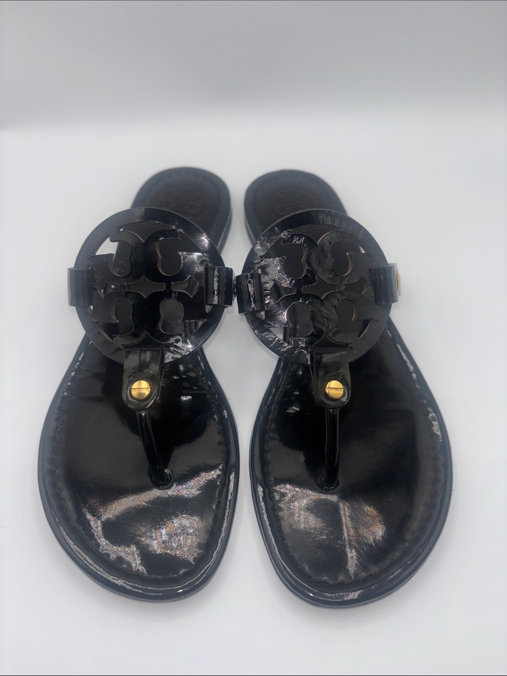 Tory Burch Black Miller Patent Logo Thong Sandals with Gold Accent